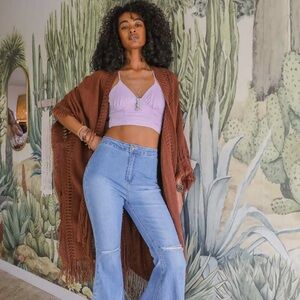 BROWN Open Knit Boho Frayed Ruana